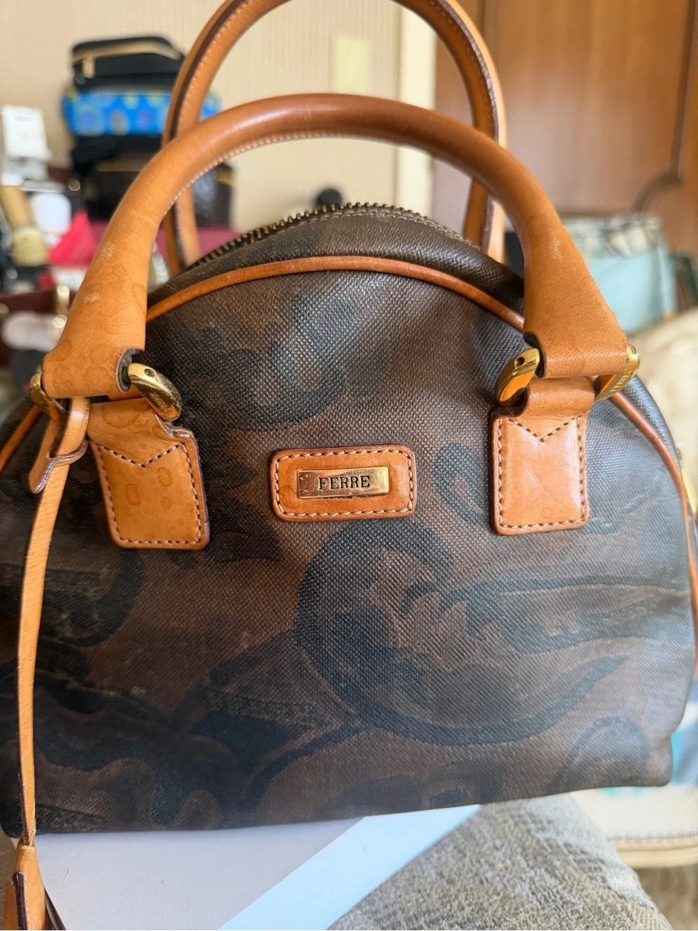 GIANFRANCO FERRE SMALL Patterned Dome Satchel -cognac LEATHER TRIM. VINTAGE